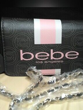 bebe Black Crossbody Bag with Pink & White Logo Stripe